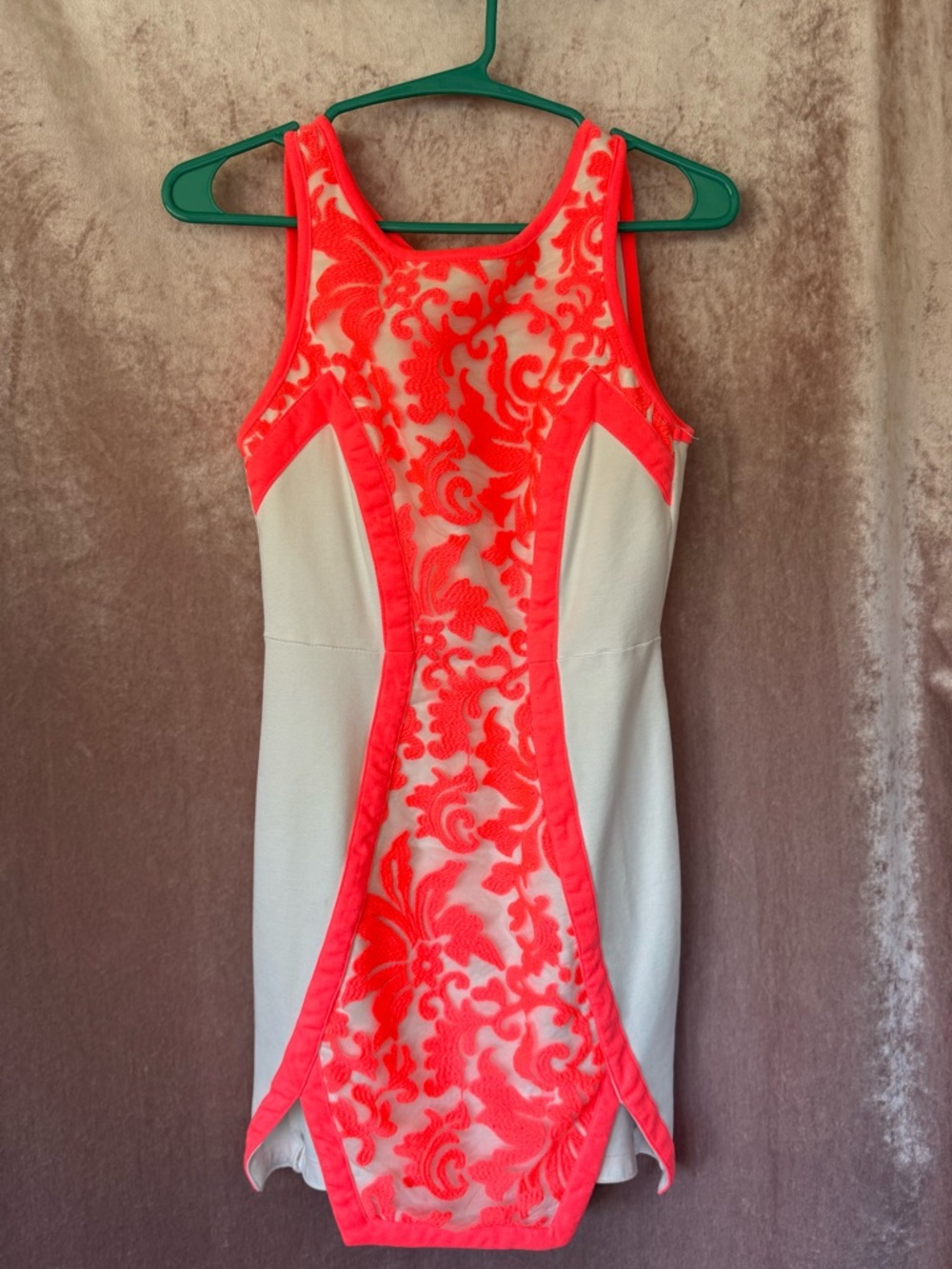 Angel Biba Neon Pink Coral and White Lace Bodycon Dress